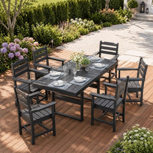 WACASA 7-Piece HDPE Outdoor Dining Set for 6, All-Weather Faux Wood Patio Table and Chairs with 2" Umbrella Hole, Steel-Reinforced Outside Furniture, Black