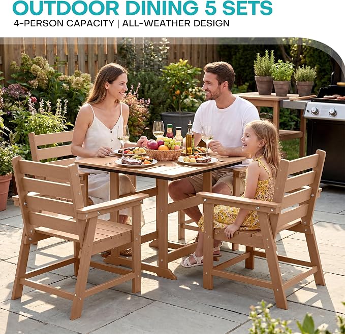 HDPE Dining Chair Set of 2, All-Weather Patio Dining Chair with Armrests, Wood Grain Texture, Heavy Duty Outdoor Furniture for Backyard, Garden.Cedar