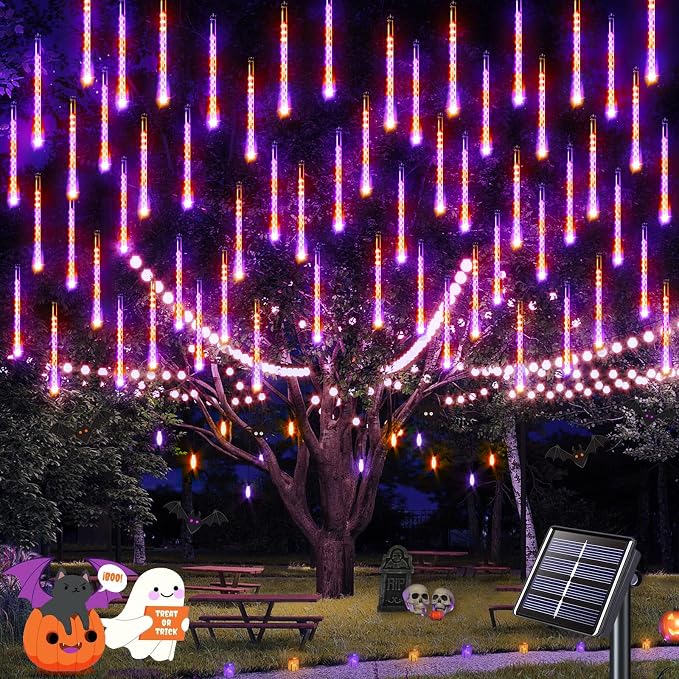 JMEXSUSS Orange and Purple Solar Halloween Lights Outdoor | 8 Tube 144 LEDs Solar Meteor Shower Rain Lights for Halloween Tree Yard Party Patio Christmas Decoration