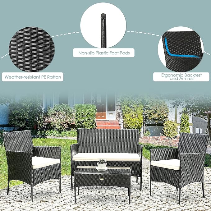 HAPPYGRILL 8 Pieces Patio Furniture Set Rattan Wicker Conversation Set with Tempered Glass Top Table, Outdoor Wicker Sofa Set with Removable Cushions for Poolside Garden Backyard