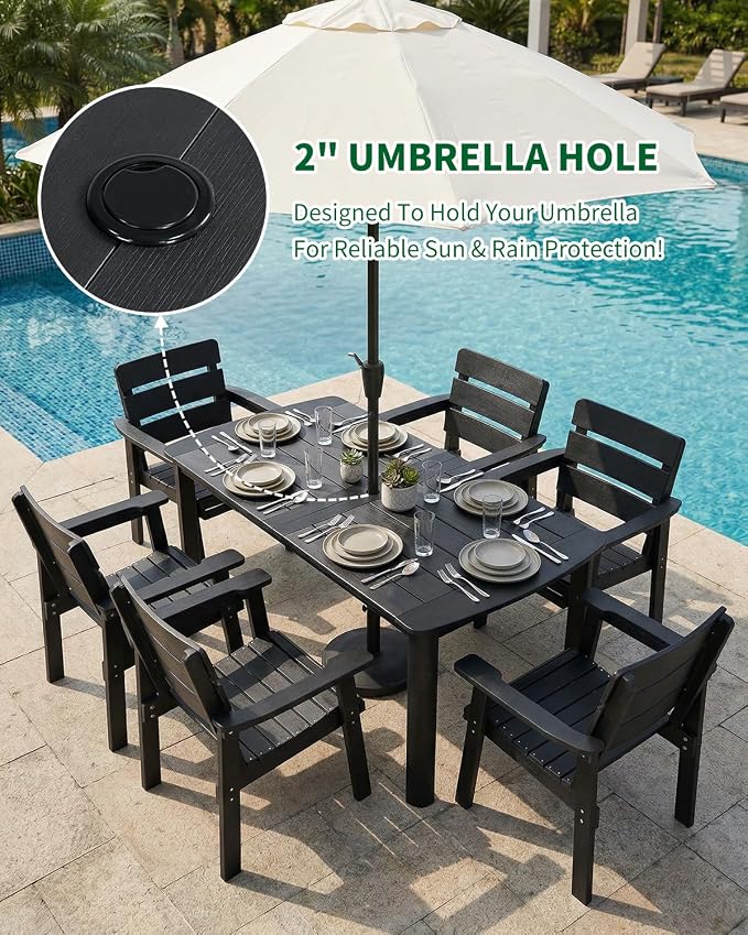 7-Piece Outdoor Dining Set, All-Weather HIPS Patio Table & Chairs for 6, Outdoor Furniture with Umbrella Hole, Ideal for Garden, Poolside, Backyard, Deck, Black