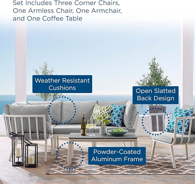 Modway Riverside 4 Piece Sectional Set with Armchair and Table, 61. 5" L x 114" w x 28" H, White Gray
