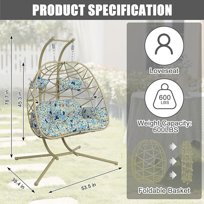 2 Person Double Hanging Egg Chair, Oversized Wicker Rattan Loveseat Swing Chair, Heavy Duty 600lbs Capacity, Foldable Basket Hammock Chair with Thick Cushion for Indoor Outdoor Patio Bedroom