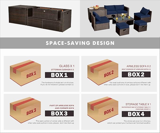 Tangkula 8-Piece Patio Wicker Furniture Set, Patiojoy Outdoor PE Rattan Conversation Set with Storage Box, Tempered Glass Table, 2 Ottomans, 2 Armless Sofas and 2 Corner Sofas, 2 Cushion Covers Set
