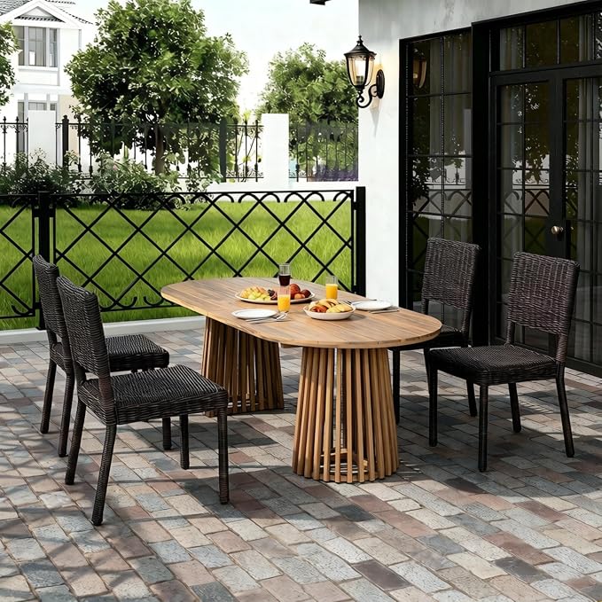 Christopher Knight Home Farley Acacia Wood Outdoor Dining Set for 4, 5 Piece Patio Dining Table and Chair Set, Faux Rattan Outdoor Dining Chair and Table Set, Brown