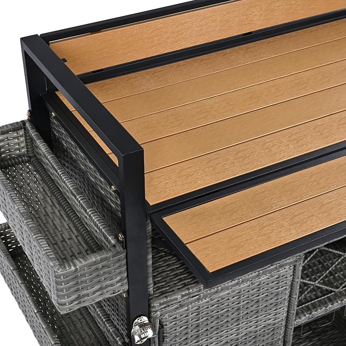 Merax Outdoor Bar Table & Storage Cabinet, Wheels and Drop Leaf Table Top, Patio Bar Table with Raised Shelf for Patio Kitchen or Bar Cart, Grey