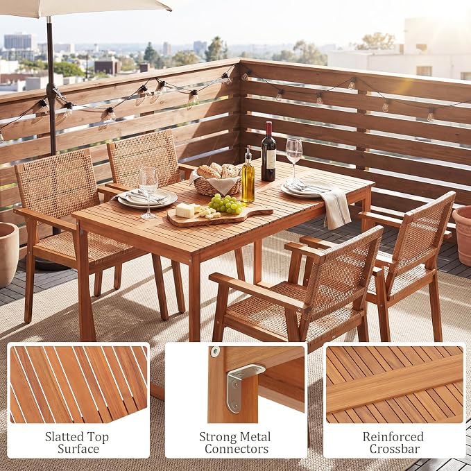 COSTWAY Outdoor Dining Set for 4, 5 Pieces Acacia Wood Table and Armchairs Set with Rattan Backrest and Seat, Adjustable Foot Pads for Patio, Backyard, Deck, Poolside