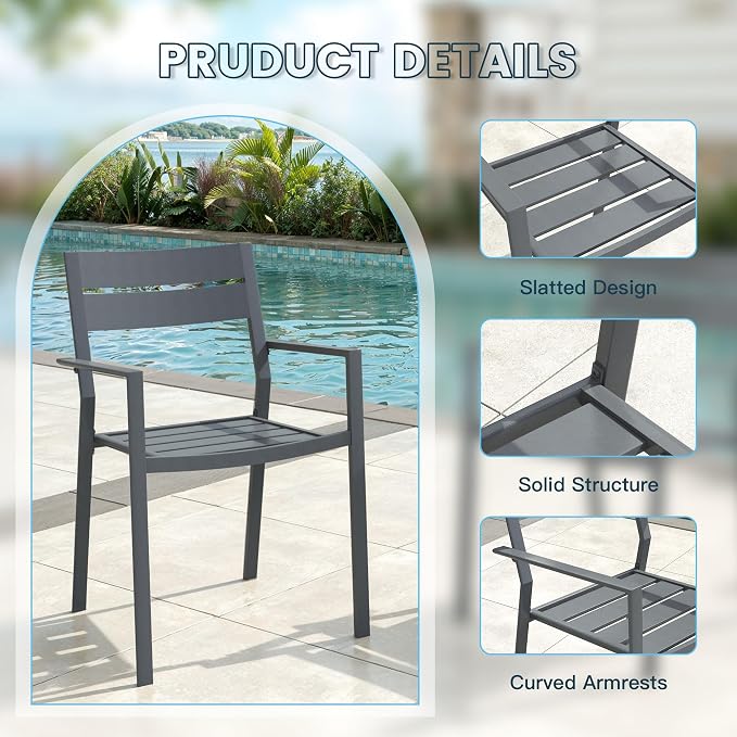 VICLLAX Patio 3 Pieces Outdoor Bistro Table Set, Wrought Iron Metal Furniture with 28" Square Table and 2 Stackable Chairs, Patio Dining Set for Patio, Lawn, Garden, Porch, Dark Grey/Grey