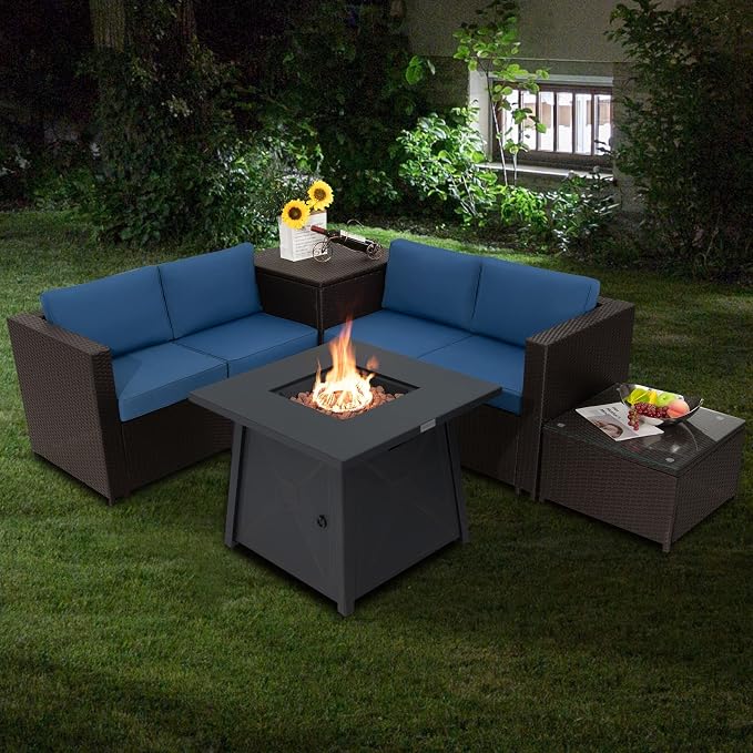 Tangkula 5 Piece Patio Furniture Set with 50,000 BTU Propane Fire Pit Table, Outdoor Wicker Conversation Set w/Cushions, Storage Box and Tempered Glass Coffee Table, 30" Gas Fire Pit Table (Navy)