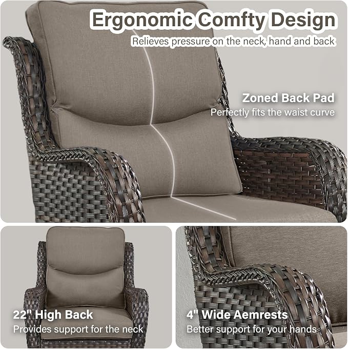 Outdoor Swivel Rocker Patio Chairs Set of 5 with Loveseat - 5" Thick Cushion 5 Piece Furniture Set with Sofa All Weather Wicker Conversation Set for Porch Deck - Brown Wicker | Grey Cushions