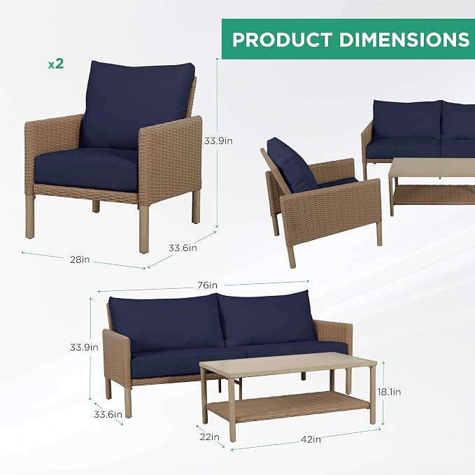 4-Piece Wicker Patio Furniture Set, Outdoor Conversation Set with Coffee Table and Removable Thickened Cushions, Modern Sectional Sofa for Backyard, Garden & Lawn, Blue