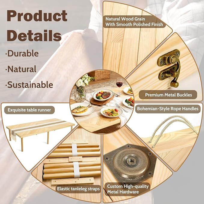 60x30in Boho Wooden Foldable Picnic Table, Portable Outdoor Low Table for Sitting On The Floor with Legs,for 6-8 People,Ideal for Camping, Garden,Party,Picnics & Parties,Logcolor (Log Color)