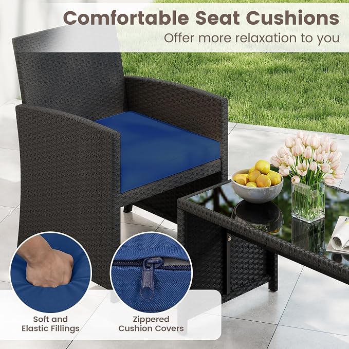 HAPPYGRILL 4 Piece Rattan Wicker Patio Conversation Set, Outdoor Furniture with Chair Loveseat Table & Cushion, for Backyard Porch Balcony (2, Black & Navy)