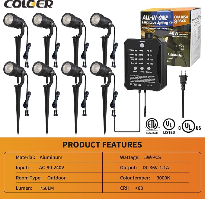 COLOER All-in-One Low Voltage Landscape Lighting Kit, 8 Pack 5W Die-cast Aluminum Landscape Lights with Transformer and Connectors, IP65 Waterproof Outdoor Spot Lights for Pathway Yard Garde