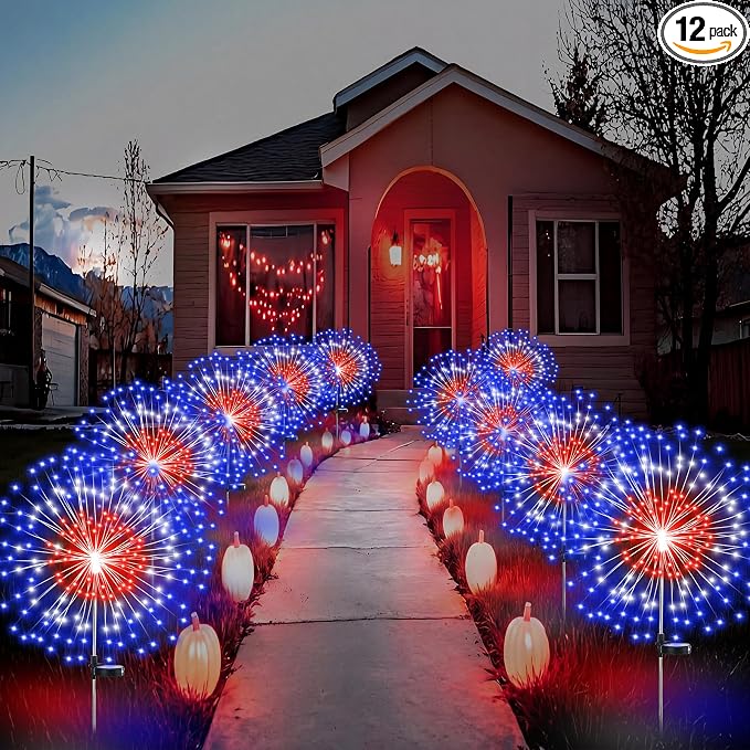 Tujoe 12 Pcs 4th of July Solar Firework Stake Lights 180 LED 8 Modes Solar Waterproof LED Sparkler Lights Outdoor Patriotic Decoration for Memorial Independence Day Garden Patio Yard (Red White Blue)