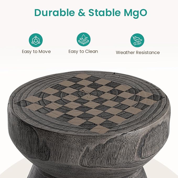 SUNBURY Outdoor Side Table, 14" Small Outdoor End Table, Patio Side Tables w Chessboard, Round Outdoors Concrete Side Tables, Garden Stool Plant Stand for Porch, Backyard, Grey