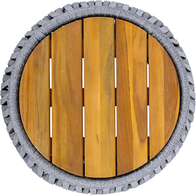 Outdoor Side End Table for Patio with Rope and Acacia Wood, Small Round Patio Table, Outside Boho Accent Table for Backyard Balcony Gazebo Party, Gray