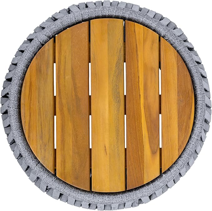 Merax Outdoor Rope Side Table - Acacia Wood with Teak Finish, 100 LBS Capacity, Weather-Resistant Woven Table for Patio, Deck, Balcony - 21.26" Round Base x 18.11" H