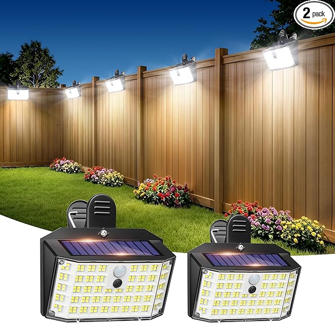 LUHLEE 176LED Clip on Solar Lights Outdoor, 600LM Solar Motion Lights Outdoor with 180° Wide Angle, IP65 Waterproof Portable Solar Fence Lights Outdoor for Fence, Gutter, Garden, Camping, Patio 2Pack