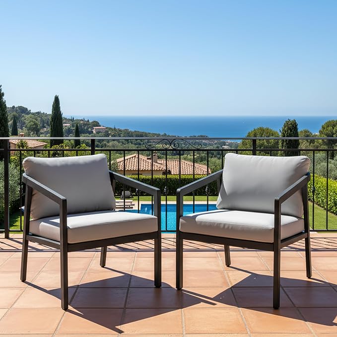 Patio Sofa Chairs Set of 2, Never-Rust Aluminum Outdoor Club Chairs with Washable Thick Cushions, All-Weather Modern Armchair Set for Porch, Deck, Garden, Backyard (Black+Grey)