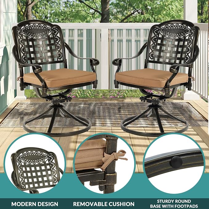 MEETWARM 9-Piece Outdoor Patio Dining Set, All Weather Cast Aluminum Patio Funiture Table and Chairs Set- 94.5” Rectangular Table and 8 Cushioned Swivel Rocker Chairs for Garden, Umbrella Hole, Khaki