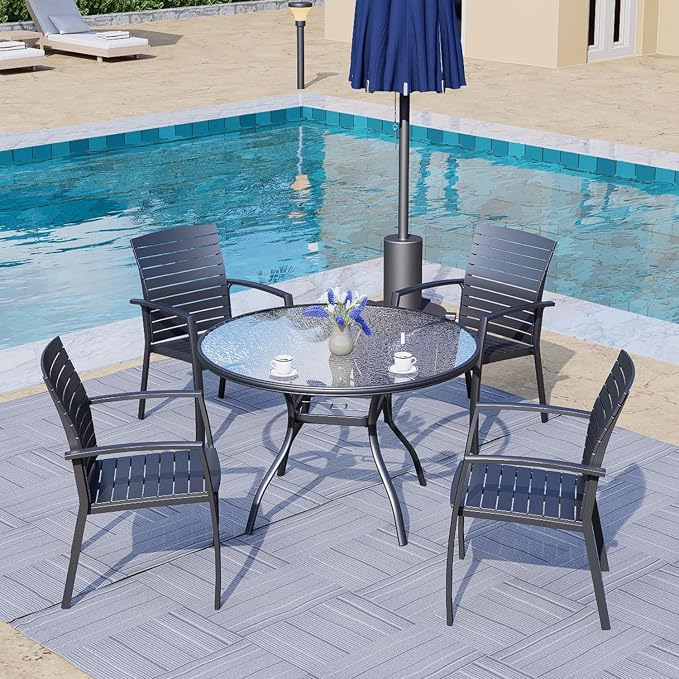 Anmutig Round Outdoor Dining Table for 4 Person, 40 inch Glass Top, Black Powder-Coated Frame with Umbrella Hole Outdoor Furniture