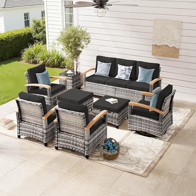 MEISSALIVVE 8 Pieces Outdoor Patio Furniture Sets, Wicker Patio Conversation Sets with 2 Wood Armrests Swivel Glide Chairs,2 Single Chairs, 3-seat Sofa (Black)