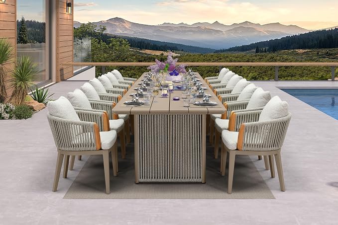 PURPLE LEAF 15 Pieces Outdoor Dining Set for 14, Aluminum Outdoor Patio Table and Chairs Set with Olefin Cushions, All-Weather Patio Dining Set for Garden or Deck, Beige