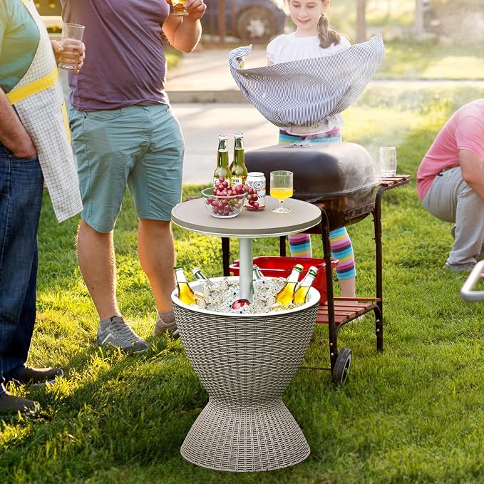 S AFSTAR Cool Bar Table, 8 Gallon Rattan Patio Bar Cooler with Ice Bucket & Height Adjustable Tabletop, Beer & Wine Cooler, Outdoor Indoor Cocktail Coffee Table for Patio Party Pool Deck (Brown)