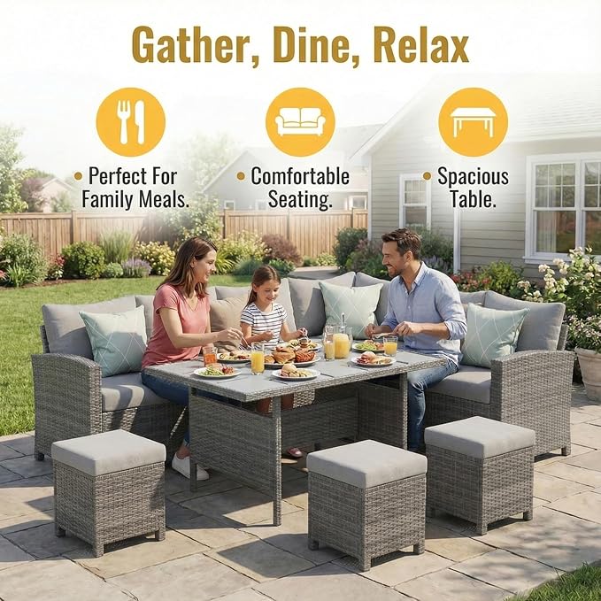 Wisteria Lane 7 Piece Patio Furniture Set, High Curved Back Wicker Outdoor Dining Set, All Weather Patio Sectional, Outdoor Furniture Patio Conversation Set with Ottoman, Ash Gray