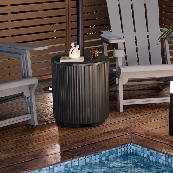 Outdoor Table with Umbrella Hole, Patio Umbrella Side Table with Plastic Bags Attached, Free-Standing Umbrella Side Table for Porch, Poolside & Garden, Easy Assembly, Black