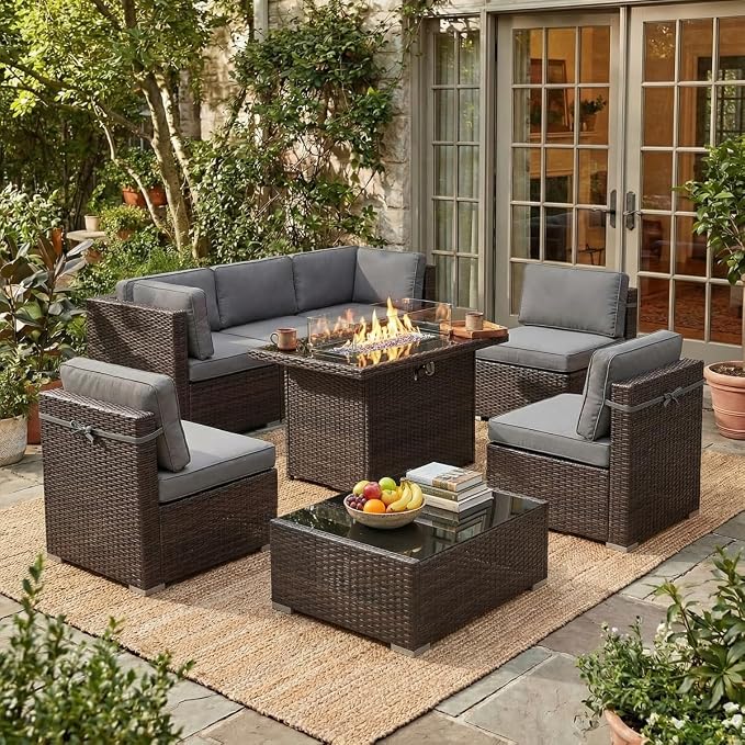LayinSun 8 Piece Patio Furniture Set with 44" Propane Gas Fire Pit Table, Outdoor Sectional Conversation Set Wicker Rattan Sofa Set with Coffee Table
