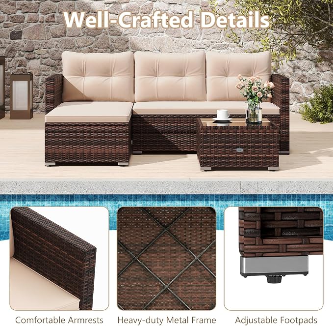 RELAX4LIFE Wicker Patio Furniture Set - PE Rattan L-Shaped Sectional Sofa Seating w/Soft Cushions, Tempered Glass Coffee Table, Outdoor Conversation Couch Set for Backyard Garden Porch Balcony