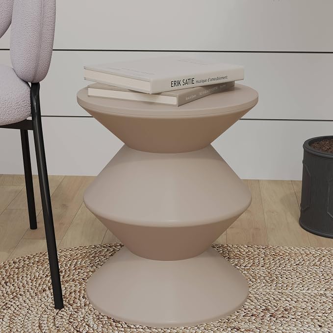 LeisureMod Aura Collection Modern Round Side Table - Ivory ABS Plastic Double-Hourglass Pedestal - No Assembly Weatherproof Accent Furniture for Living Room, Patio & Outdoor Decor