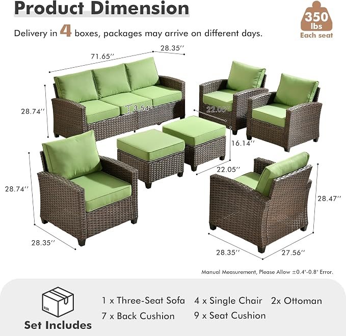 ovios 7 Pieces Patio Furniture Set, Outdoor Wicker Sofa Couch with 4 Chairs Comfy Cushions, All Weather Brown Rattan Conversation Set for Backyard Deck Porch, Green