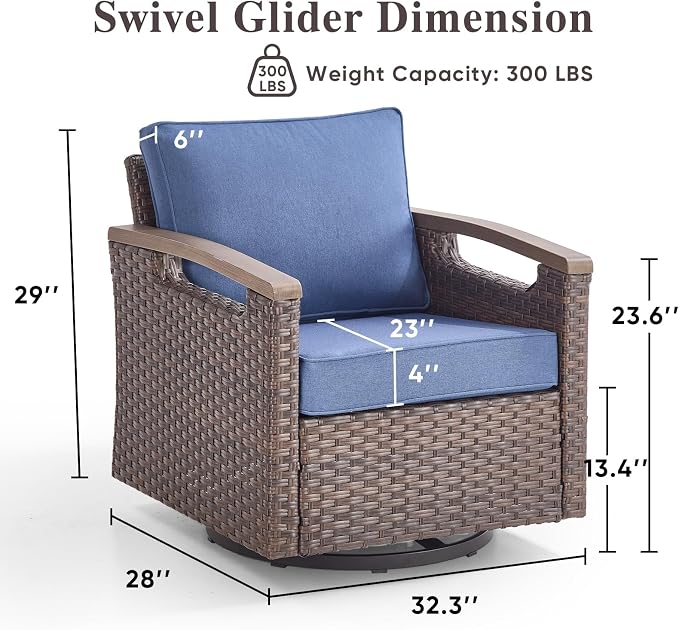 Rilyson Outdoor Patio Wicker Swivel Rocker Chairs Set of 2 Blue, All Weather Rattan Outdoor Patio Furniture Set, Metal Armrest, Deep Seating, Ideal for Deck Porch Backyard