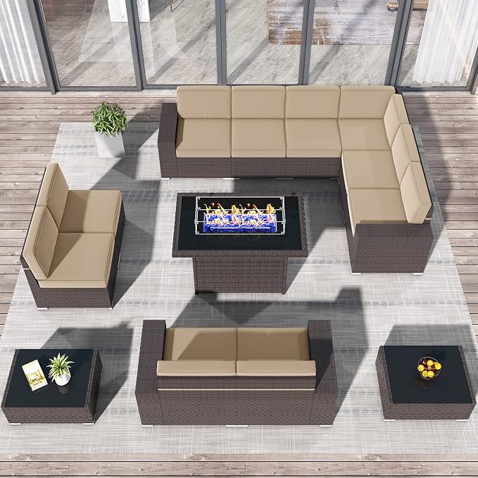 13 Pieces Patio Furniture Set with 44" Propane Gas Fire Pit Table, Outdoor Sectional Brown Rattan Wicker Conversation Sofa Sets with Coffee Table