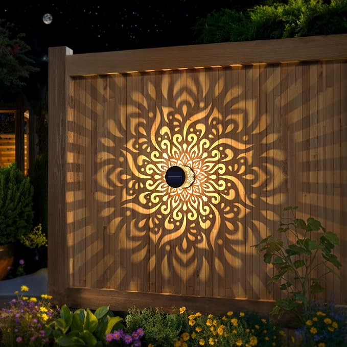4 Pack Large Solar Fence Lights Metal Solar Powered Outdoor Wall Deck Step Lights Mandala Theme Waterproof Fence Light for Garden Post Patio Backyard Yard Decor, Gardening Gifts for Women Mom Grandma