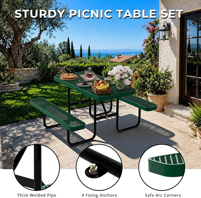 4FT Rectangular Steel Outdoor Picnic Table, Commercial Picnic Table Bench Set with Umbrella Hole, Weather-Resistant Heavy Duty School Dining Table for Stores, Park, Patio, Garden, Backyard, Green
