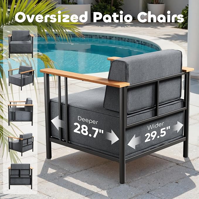 Luxury Patio Chairs with 10" Extra Thick Cushions, Outdoor Chairs with Ottomans, 4 PCS Outdoor Furniture Set for Porch, Balcony, Deck, Patio, Yard, Poolside, Black/Grey