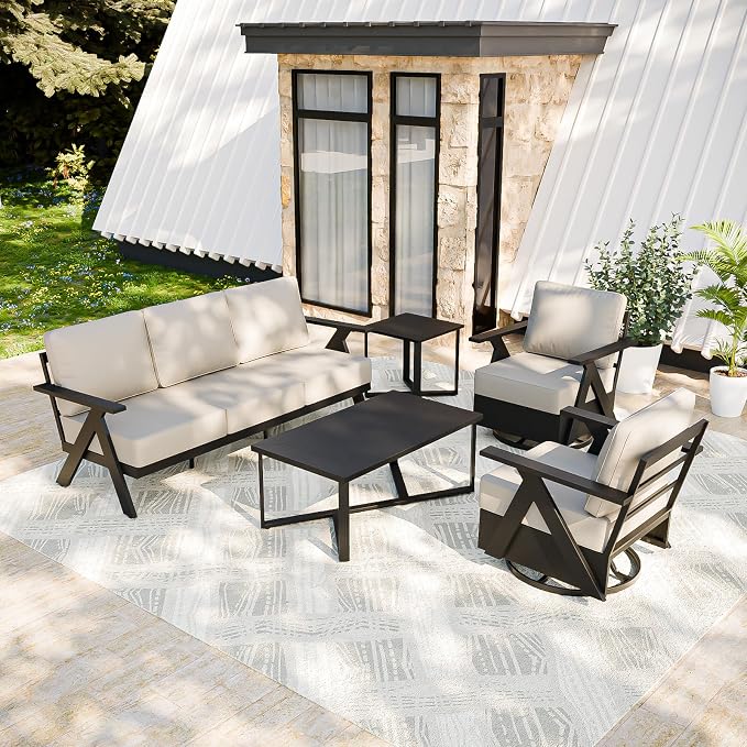 COOS BAY Iron Luxe 5 Piece Outdoor Patio Furniture Set, Modern Patio Conversation Set with 2 Swivel Rocking Chairs, a 3 Seat Couch, Coffee Table & Side Table for Deck, Garden, Porch, Black/Beige