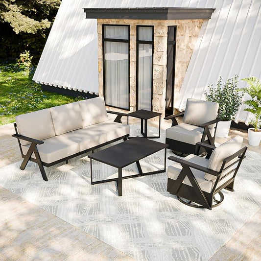 COOS BAY Iron Luxe 5 Piece Outdoor Patio Furniture Set, Modern Patio Conversation Set with 2 Swivel Rocking Chairs, a 3 Seat Couch, Coffee Table & Side Table for Deck, Garden, Porch, Black/Beige