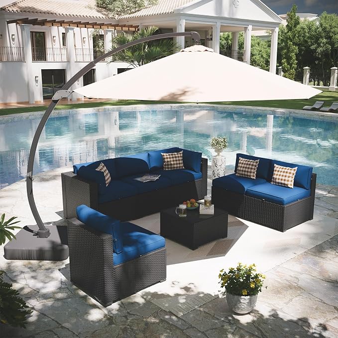 Aoxun Patio Furniture Set with Umbrella, 8 Piece Outdoor Sectional Sofas, Wicker Rattan Outdoor Furniture with Thickened Cushion for Backyard, Garden Navy Blue