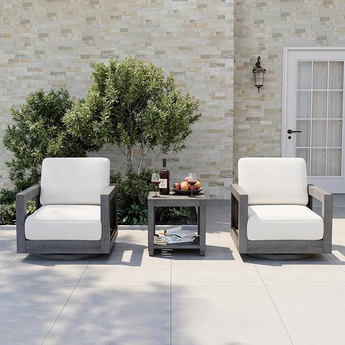 HAPPATIO Extra Large Size Patio Bistro Set, Aluminum Modern Patio Furniture Set Outdoor 3 Pieces with Side Table, 360 Degree Swivel Patio Conversation Set with 7" Thick Cushion for Outdoor, Grey