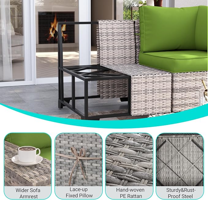 12-Piece Outdoor Patio Furniture Set with Rocking Swivel Chair, PE Wicker Rattan Sectional Sofa 55,000 BTU Fire Pit Table Patio Conversation Set with Ottomans and Chunky Arms, Avocado Green