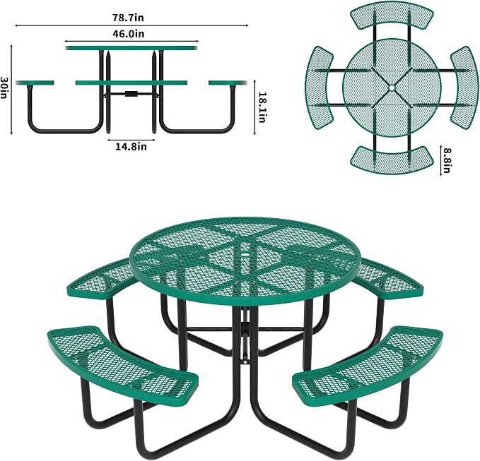 46'' Round Metal Picnic Table for Outdoors, Commercial Steel Metal Picnic Tables, Heavy Duty Sturdy Picnic Tables Furniture Set for Patio Garden Courtyard BBQ, with Umbrella Hole, Green