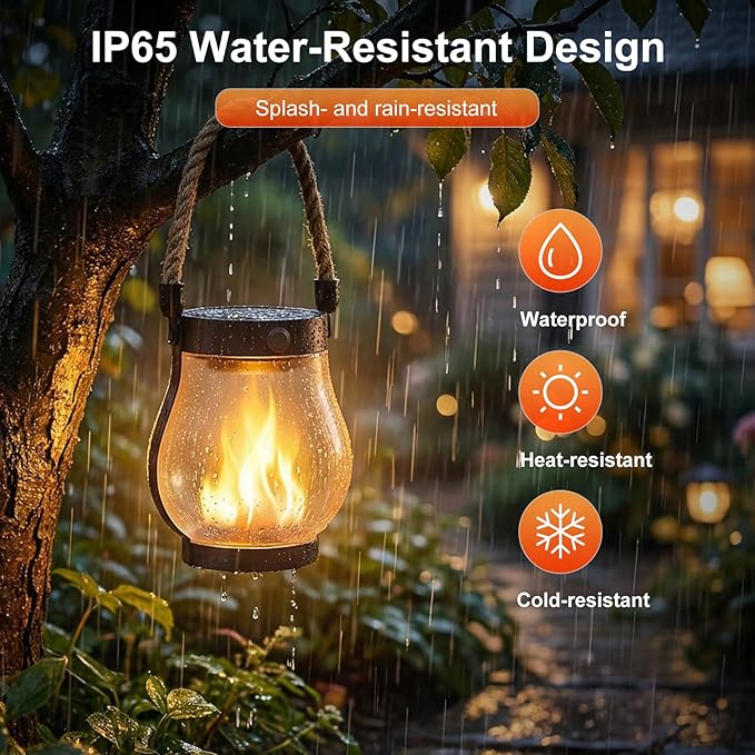 Solar Lanterns Outdoor Waterproof 4-Pack, Flickering Flame Effect | Rechargeable lanterns with USB-C charging, a decorative hanging design, and dusk-to-dawn use for patios, porches and gardens