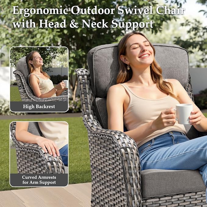 Luxury Outdoor Patio Furniture Set-Wicker High Backrest 3-Seat Patio Sofa with Comfy 6" Cushion, Rattan Couch with Deep Seat All-Weather Patio Conversation Set for Deck Backyard Garden(Grey/Grey)