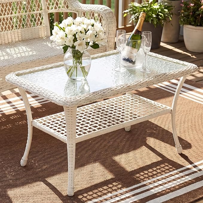 MEETWARM Wicker Patio Coffee Table, 34.5" Rectangle Outdoor Coffee Table with Tempered Glass Top and 2-Tier Storage Shelf, All-Weather Rattan Patio Side Table for Outside Poolside Garden, Cream White