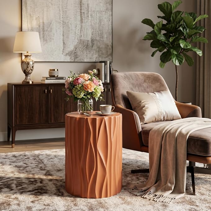 Terracotta Wave Textured MGO Cylindrical Side Table, Indoor & Outdoor Multi-Use Stool Table for Living Room Patio Balcony